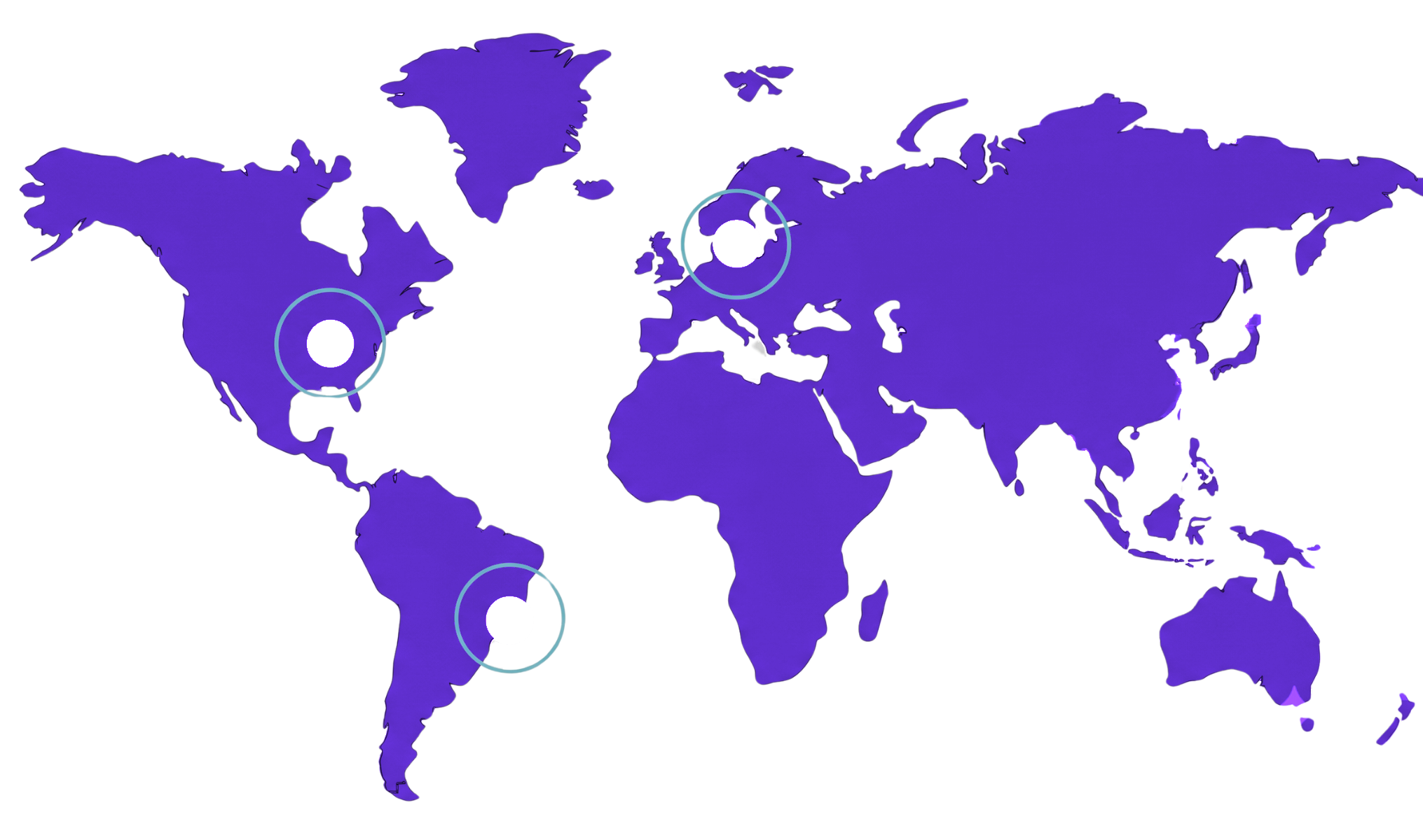 Mapa-múndi com a presença da MJV nos Estados Unidos, América Latina e Europa